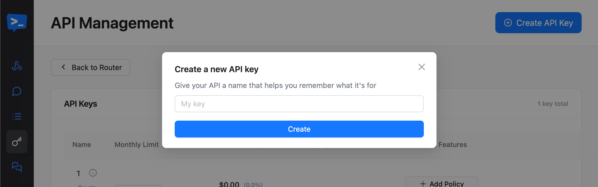 Requesty API management page