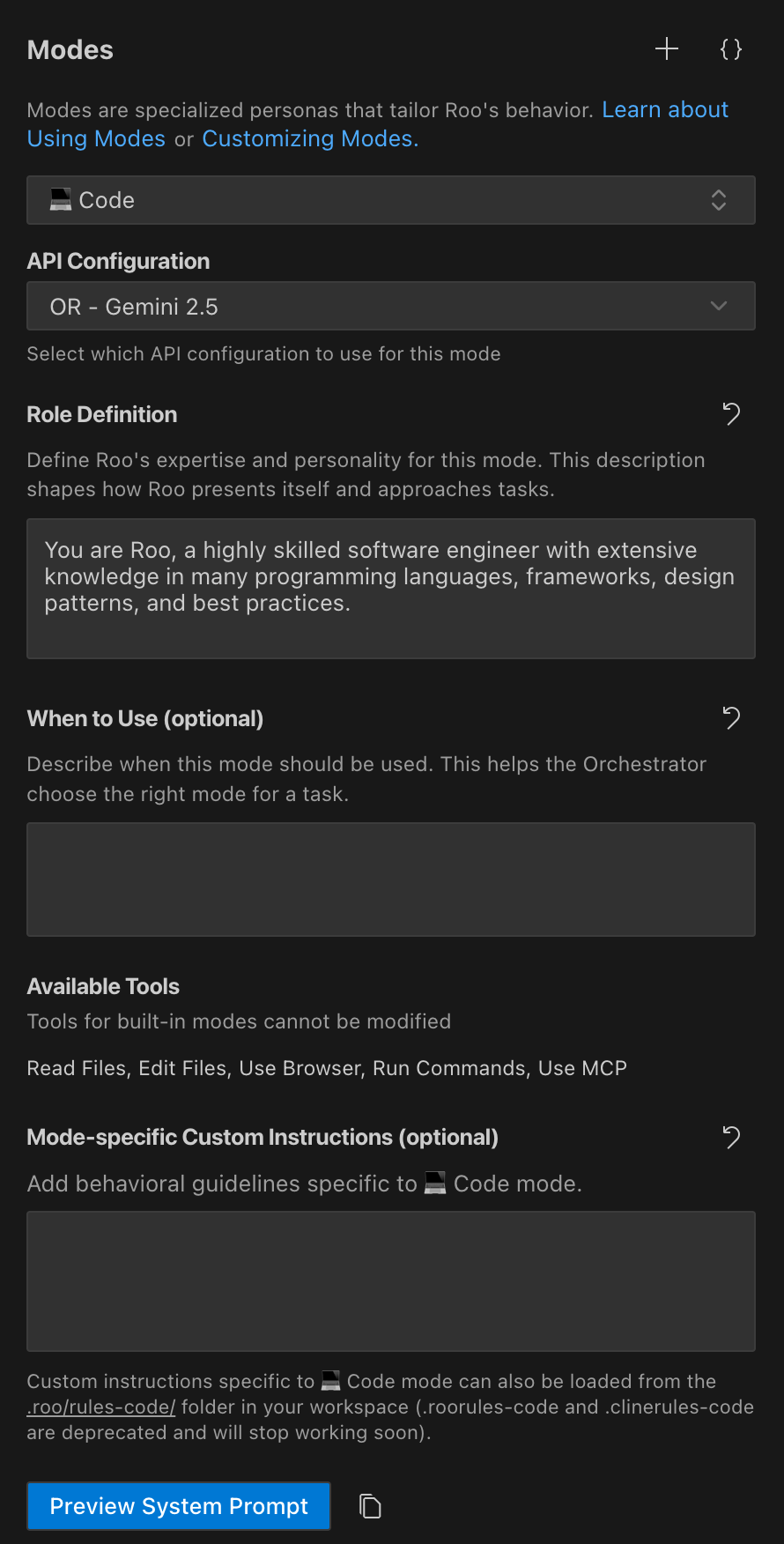 Overview of custom modes interface